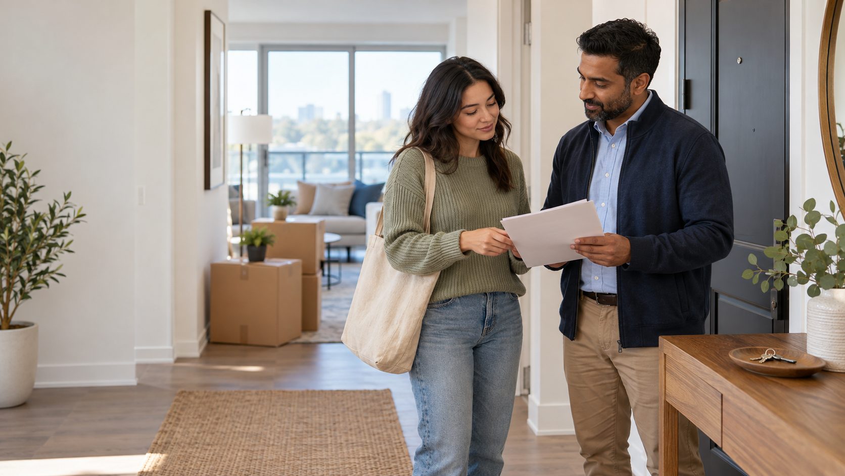 Ontario landlord and tenant calmly reviewing move-out documents together at the entrance of a rental home.